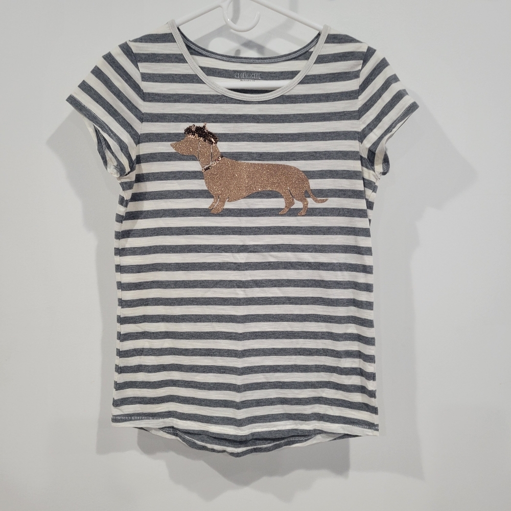 Cherokee Gray and White Striped Tee with Dachshund Design / Girls Size 14